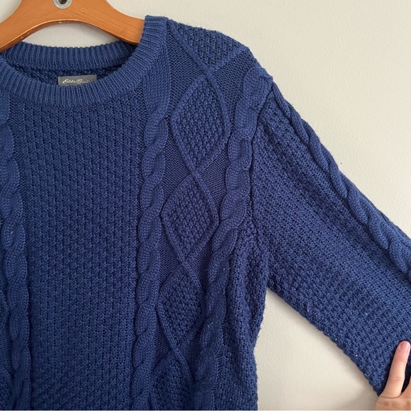 EUC Eddie Bauer Royal Blue Cozy Cable Knit Fisherman Crew Neck Grandpa Sweater - Picture 2 of 7
